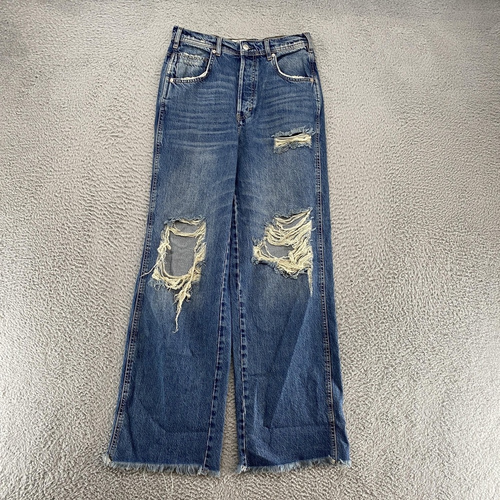 Free People Baggy Jeans Womens 26 Wide Leg Loose Raw Hem Denim Y2K Holes